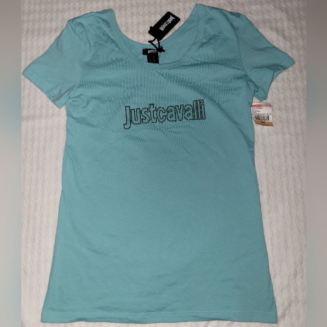 Nwt Just Cavalli Studded Logo Turquoise Teal Top T-Shirt Sz S Small/It 42